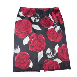 White House Black Market Black Red Floral Satin Pencil Skirt Womens Size 6